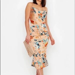 Boohoo Strapless Floral Dress in Peach and Blue